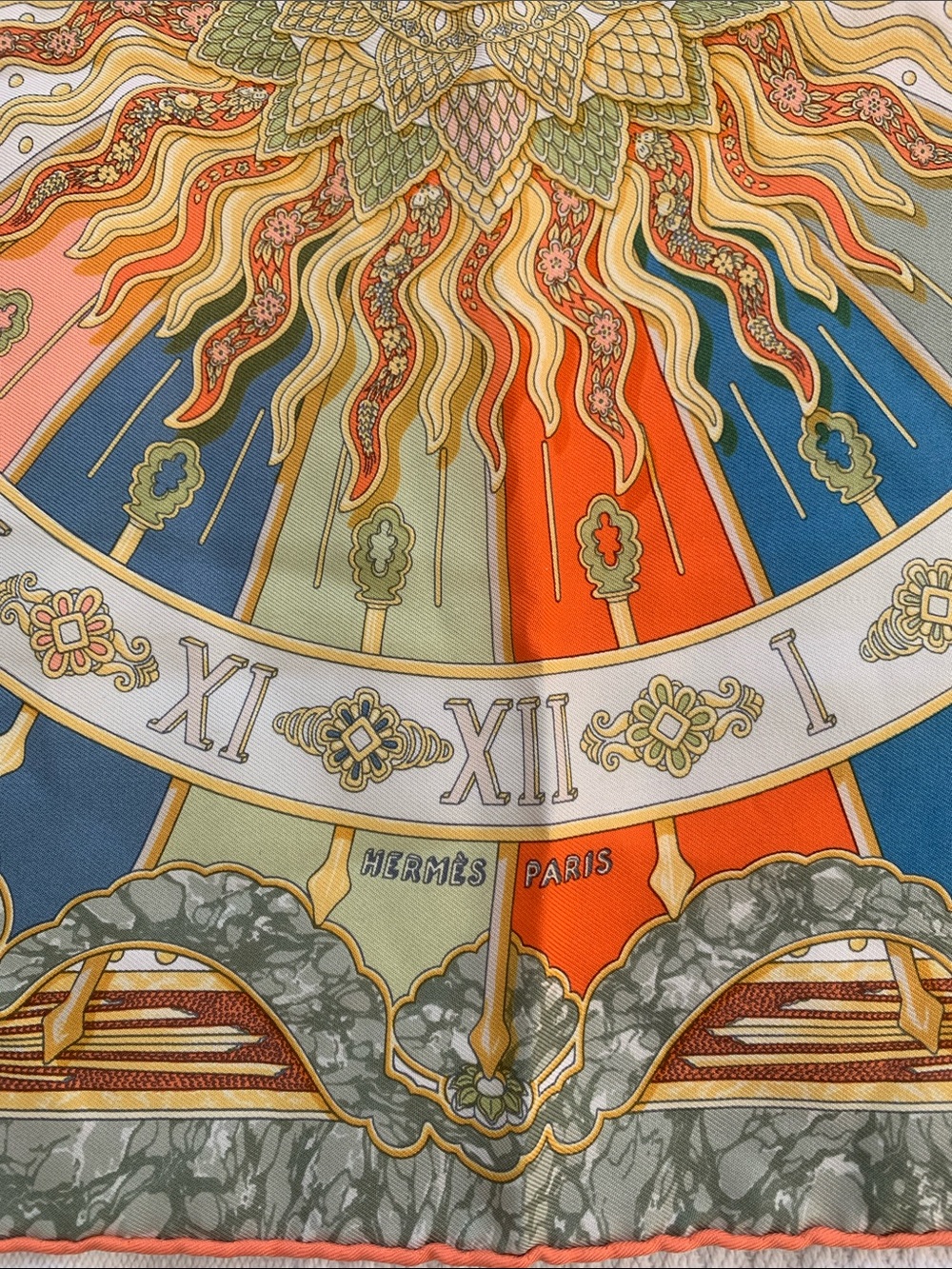 Hermès Paris Silk pocket square  - Radiant Sunburst Print in Coral, Blue & Olive